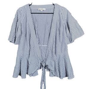 LOFT Womens Blouse Blue White Striped V Neck Wrap Front Tie 1/2 Sleeve Flowy XS